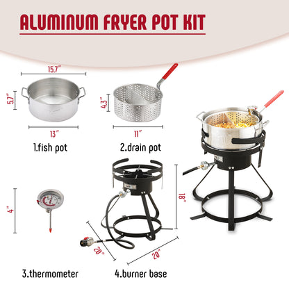 10 Qt Aluminum Outdoor Propane Gas Fish Fryer Pot Kit with Strainer Basket, 50,000 BTU Burner, Adjustable 0-5 PSI Regulator, Perfect for Boiling and Frying