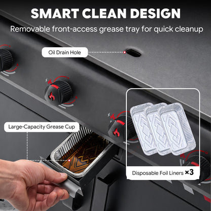 FEASTO 36" 4-Burner Propane Gas Griddle with Side Burner, 63,000 BTU, 720 Sq. In. Cooking Area, Outdoor Flat Top Grill with Grease Cup, Disposable Foil Liners & Foldable Side Table, for Patio, Backyard, BBQ Party, Black