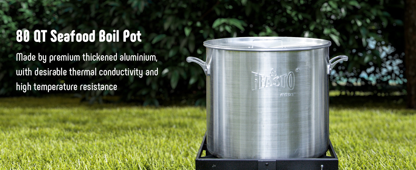 FEASTO 80QT Aluminum Boil Kit with Basket Perfect for Seafood Boiling and Steaming Outdoor Propane Gas Cooker with Adjustable 0-10 PSI Regulator Non-Assembly Frame Stand