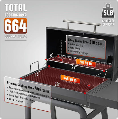 Barbecue grill with detailed measurements and capacity information on a gray background