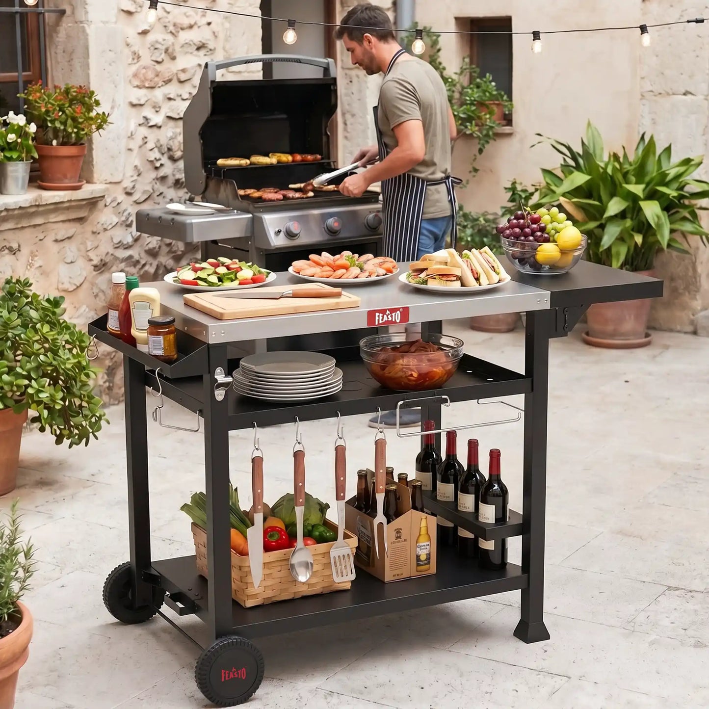 Outdoor Grill Cart with Foldable Side Table