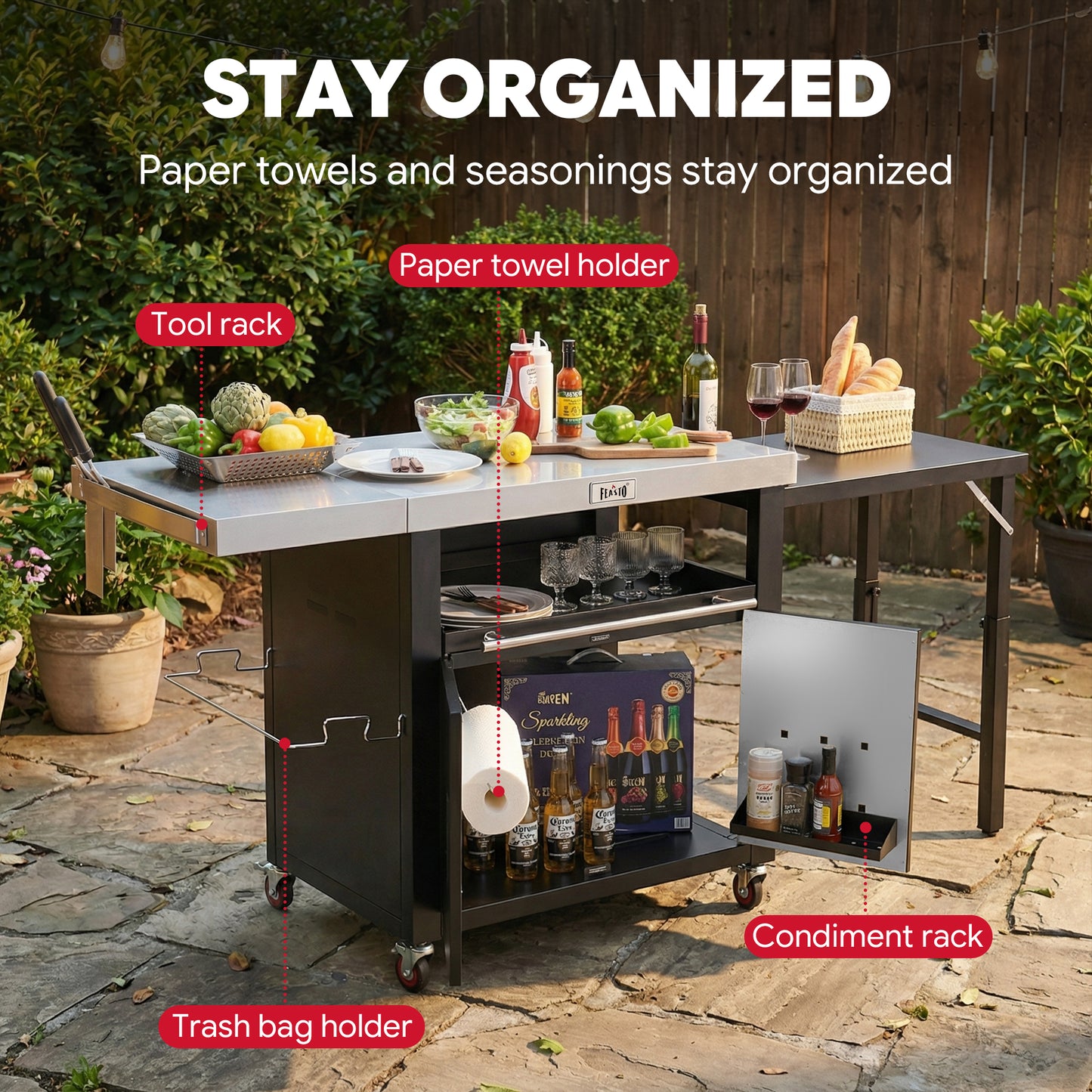 Feasto Outdoor Movable Kitchen Island With 2 Foldable Side Tables & Pull-Out Plate(Add to cart and enjoy an additional 10% discount)