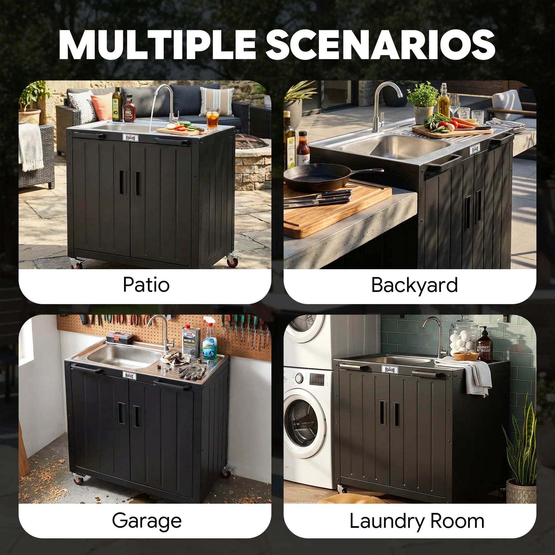 Collage of a portable kitchen island in different settings including patio, backyard, garage, and laundry room.
