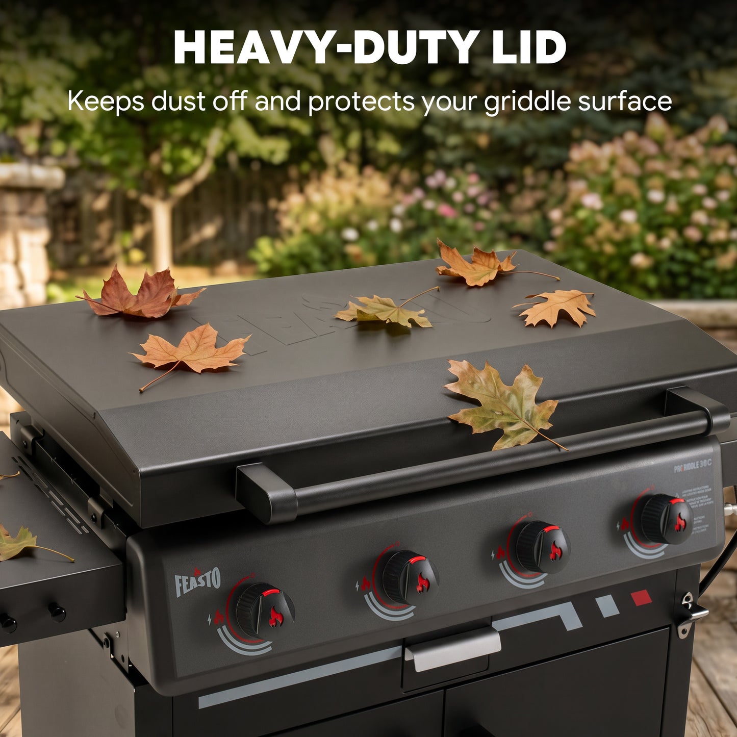FEASTO 36" 4-Burner Propane Gas Griddle with Side Burner and Cabinet, 50,000 BTU, 720 Sq. In. Cooking Area, Outdoor Flat Top Grill with Hood, Grease Cup, Disposable Foil Liners & Foldable Side Table, for Patio, Backyard, BBQ Party, Black