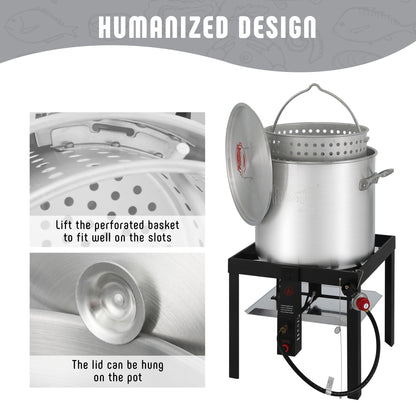 FEASTO 100QT Aluminum Boil Kit with Basket Perfect for Seafood Boiling and Steaming Outdoor Propane Gas Cooker with Adjustable 0-10 PSI Regulator Non-Assembly Frame Stand