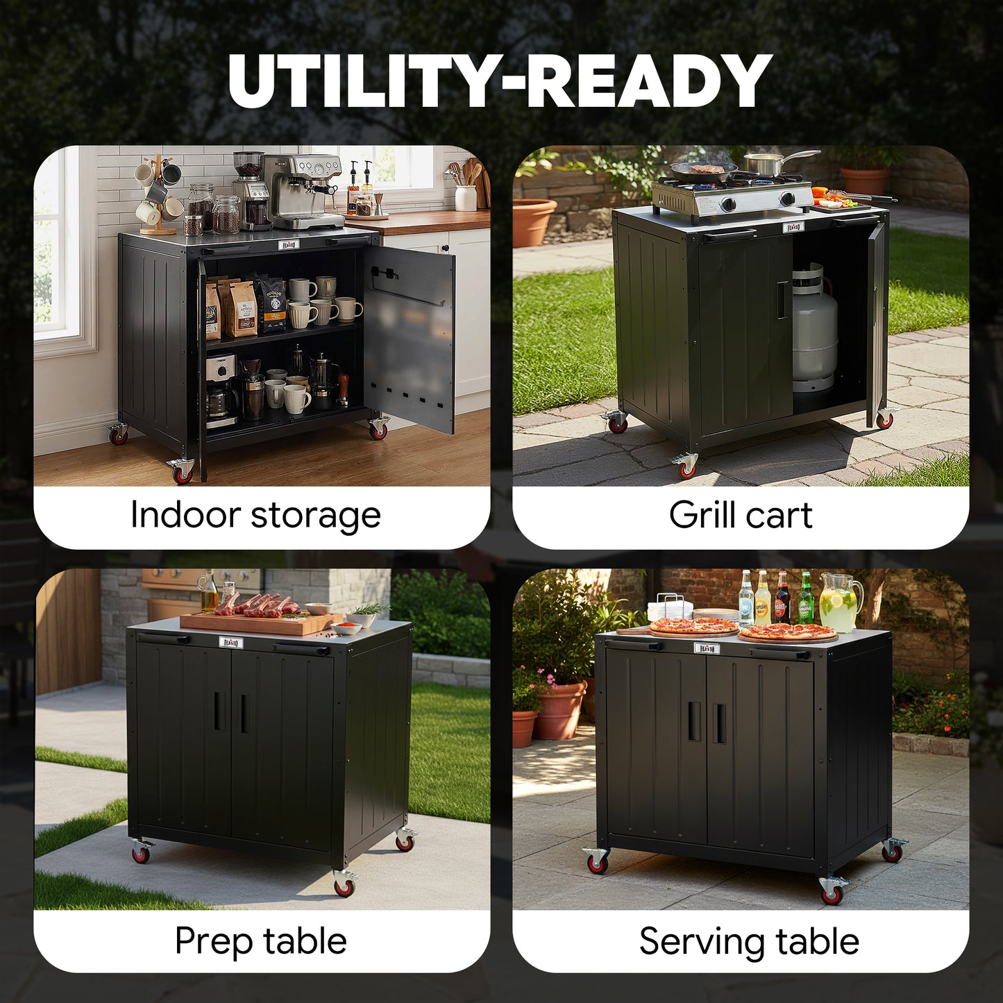 outdoor kitchen island shown in various settings including indoor storage, grill cart, prep table, and serving table.