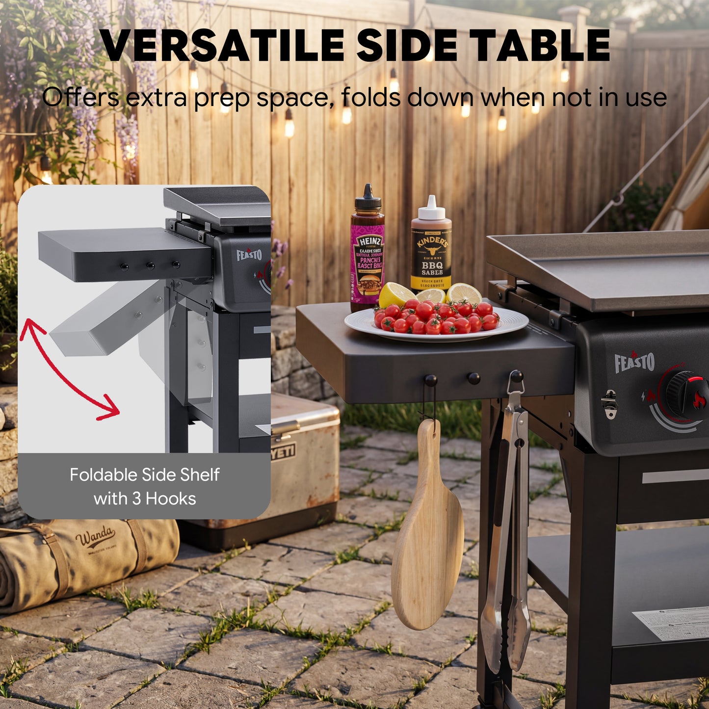 FEASTO 36" 4-Burner Propane Gas Griddle with Side Burner, 63,000 BTU, 720 Sq. In. Cooking Area, Outdoor Flat Top Grill with Grease Cup, Disposable Foil Liners & Foldable Side Table, for Patio, Backyard, BBQ Party, Black