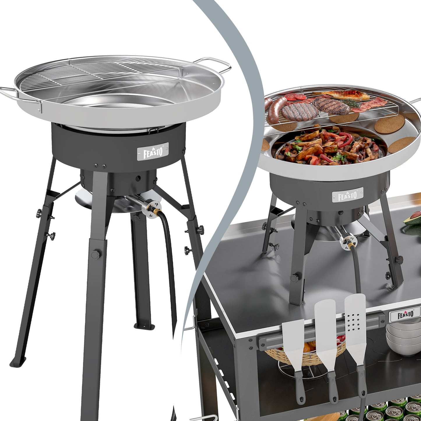 Feasto 23" Stainless Steel Concave Comal Set, Discada Disc Cooker with 54,000BTU Paella Burner and Adjustable Stand Set, Cazo Para Carnitas Tortillas Stir Fry Wok for Outdoor Cooking, CSA Certified