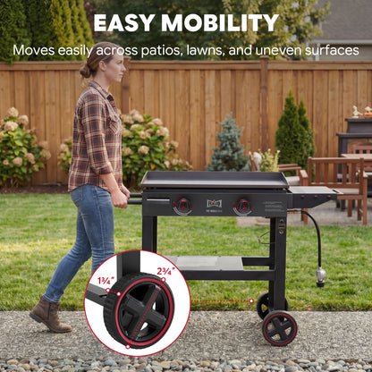 FEASTO 28" 2-Burner Propane Gas Griddle with Cart, 30,000 BTU, 458 Sq. In. Cooking Area, Outdoor Heavy-Duty Flat Top Grill with Front Grease Cup, Side Table, for Camping, Tailgating, Backyard, Black