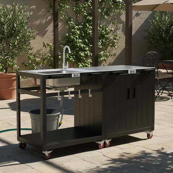 35-Inch Outdoor Grill Cart with Stainless Steel Sink, Rolling BBQ Prep Table with Faucet