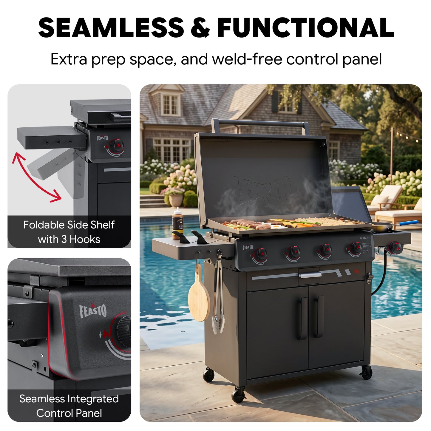FEASTO 36" 4-Burner Propane Gas Griddle with Side Burner and Cabinet, 50,000 BTU, 720 Sq. In. Cooking Area, Outdoor Flat Top Grill with Hood, Grease Cup, Disposable Foil Liners & Foldable Side Table, for Patio, Backyard, BBQ Party, Black