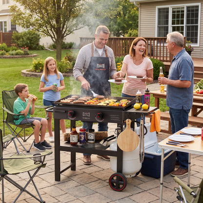 FEASTO 28" 2-Burner Propane Gas Griddle with Cart, 30,000 BTU, 458 Sq. In. Cooking Area, Outdoor Heavy-Duty Flat Top Grill with Front Grease Cup, Side Table, for Camping, Tailgating, Backyard, Black
