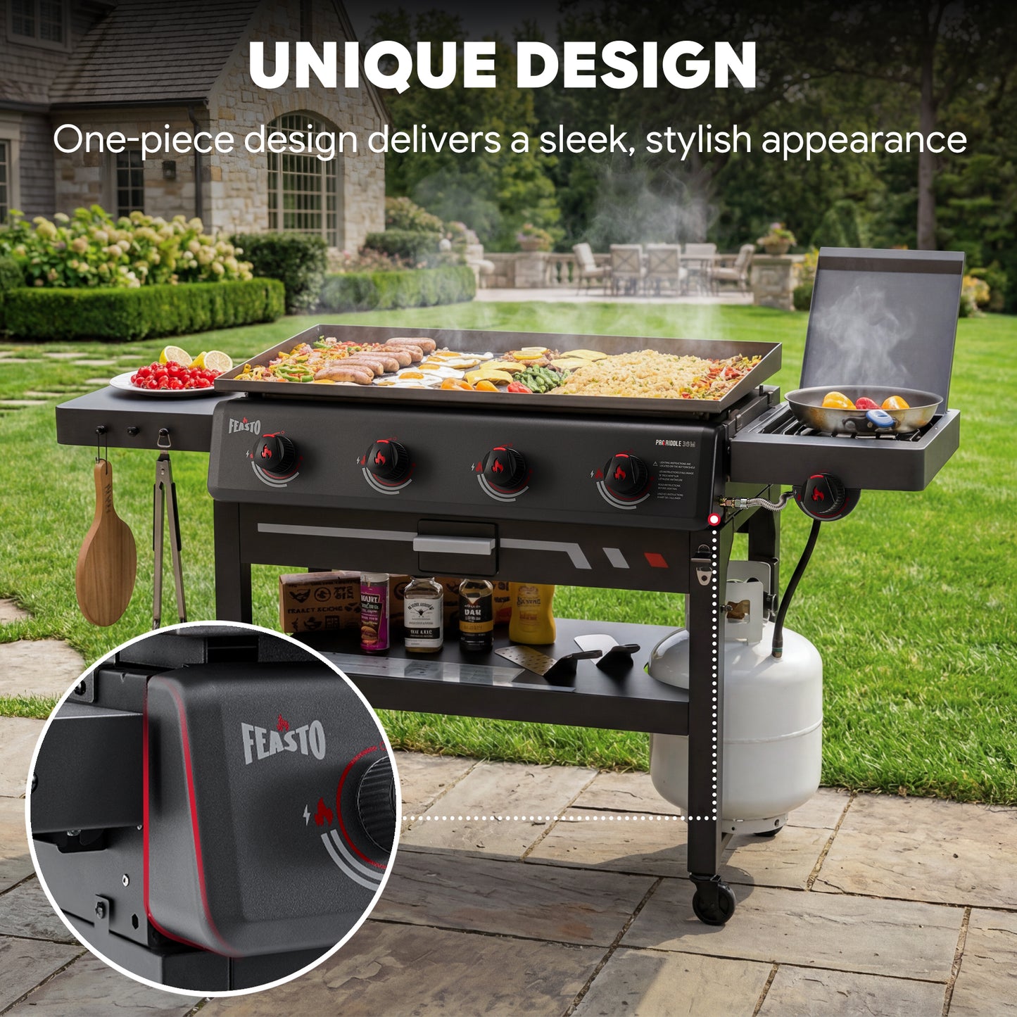 FEASTO 36" 4-Burner Propane Gas Griddle with Side Burner, 63,000 BTU, 720 Sq. In. Cooking Area, Outdoor Flat Top Grill with Grease Cup, Disposable Foil Liners & Foldable Side Table, for Patio, Backyard, BBQ Party, Black