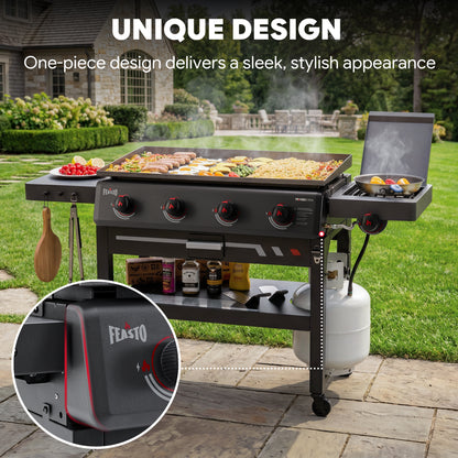 FEASTO 36" 4-Burner Propane Gas Griddle with Side Burner, 63,000 BTU, 720 Sq. In. Cooking Area, Outdoor Flat Top Grill with Grease Cup, Disposable Foil Liners & Foldable Side Table, for Patio, Backyard, BBQ Party, Black