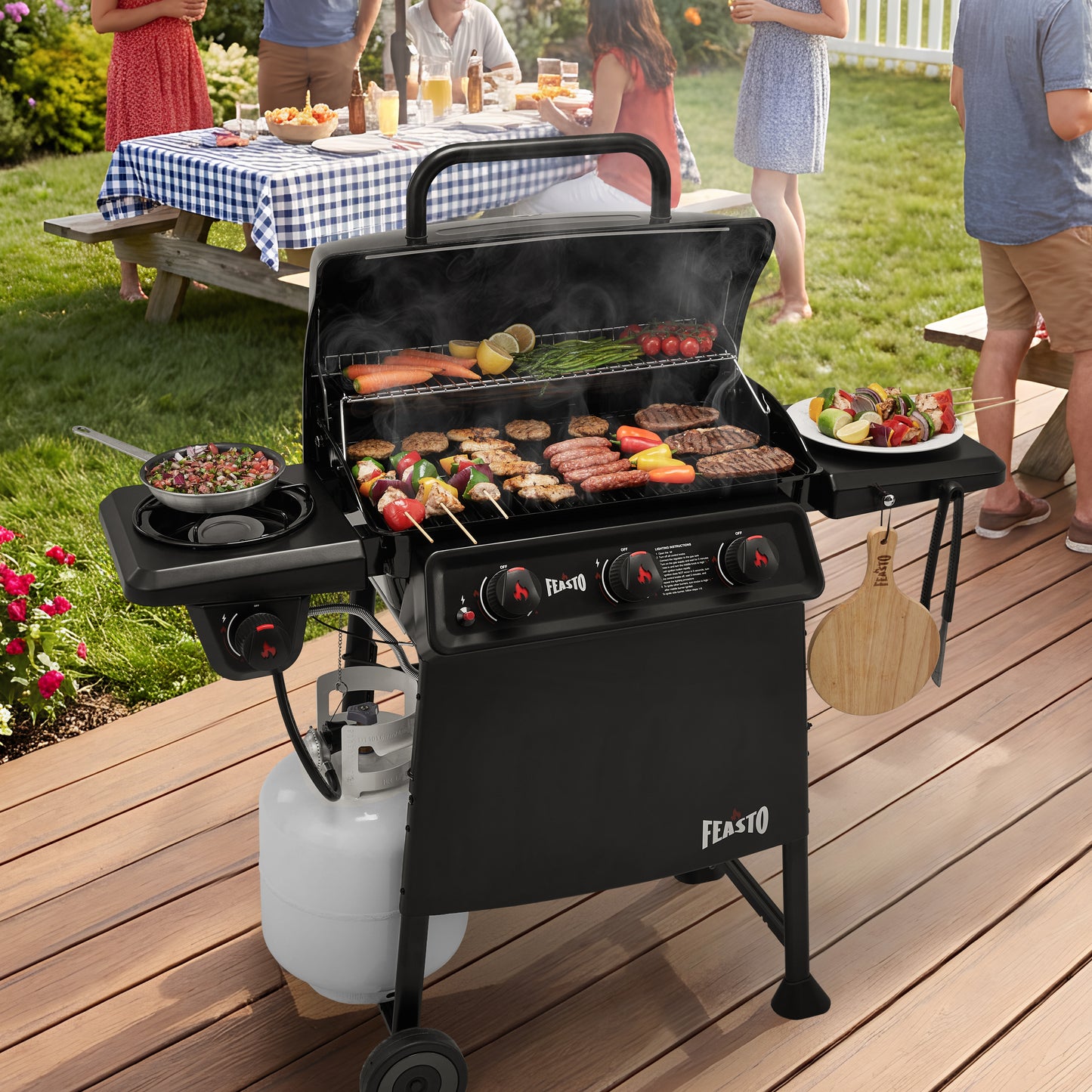 3 Burner Propane Gas Grill with Side Burner, Porcelain-Enamel Main Body and Lid, Propane BBQ Grill with 38,000 BTUs Output & Side Table for Patio, Backyard, Poolside Gatherings