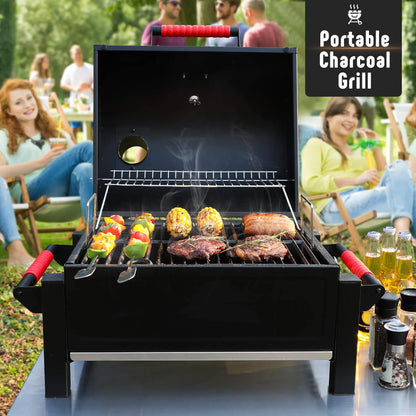 FEASTO Portable Charcoal Grill with Two Silicone Holding Handles Tabletop grilling with 354 Square Inches Cooking Area  Convenient for outdoor Camping and Picnic Black L26.8’’x W20’’x H21.3’’