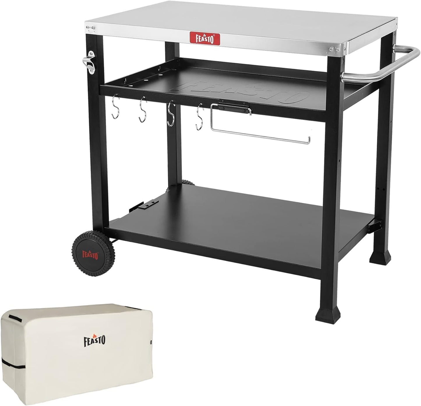 Feasto Three-Shelf Movable Food Prep and Work Cart Table, L39.5''x W25.6''x H33'', Cover Included