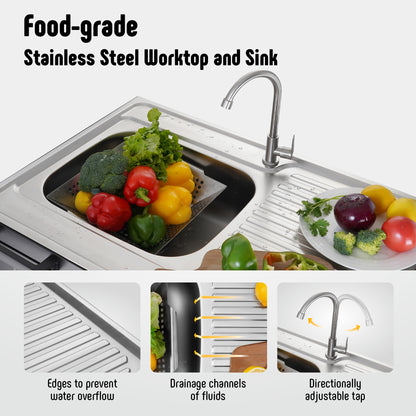 FEASTO Modular Outdoor Kitchen Sink Station Free Standing Table with Sink 304 Stainless-Steel Single Bowl Faucet & Drainboard Movable Commercial Kitchen