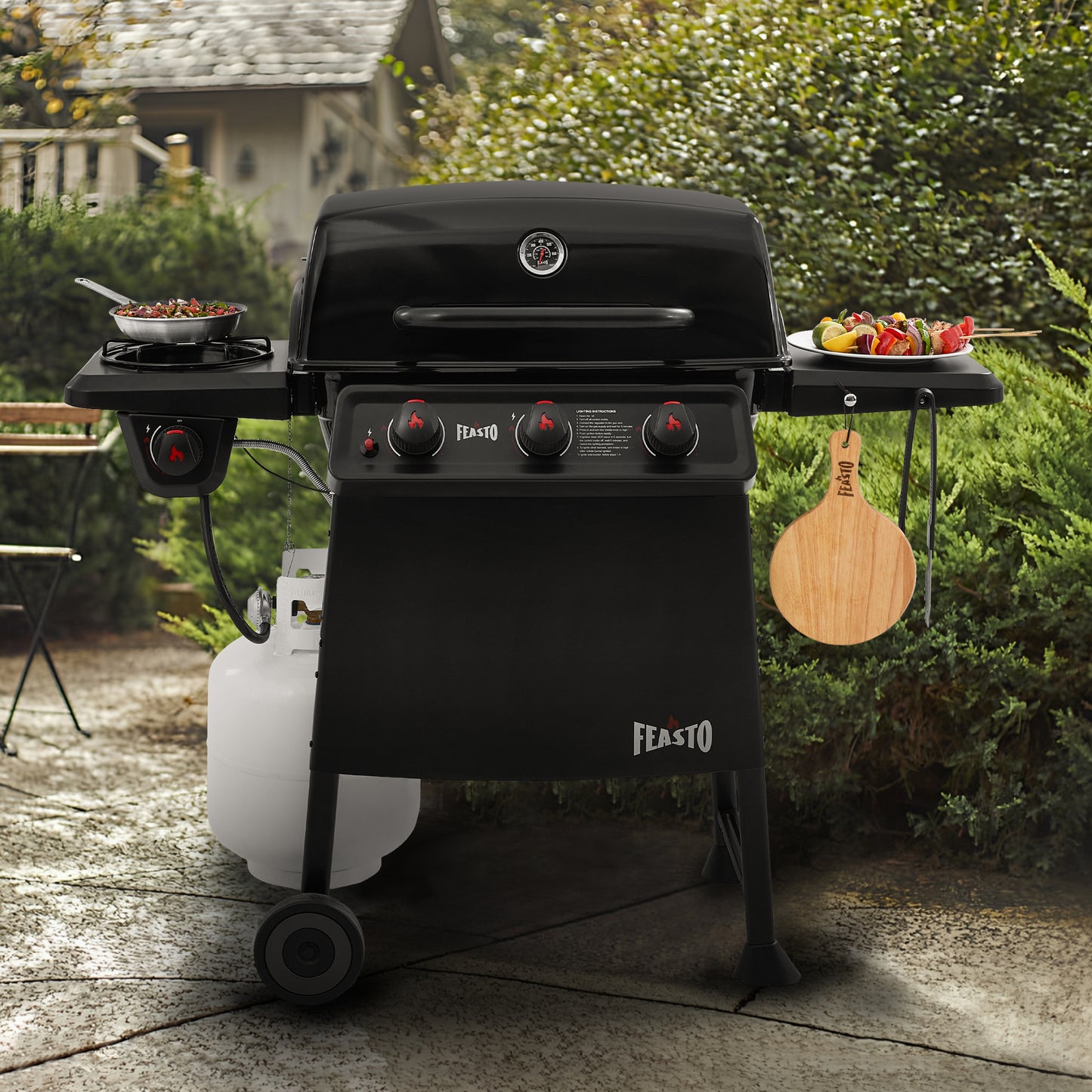 Black portable grill with side burner