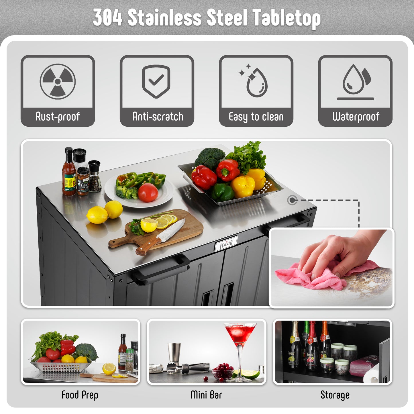 FEASTO Movable Outdoor Table Outdoor Storage Cabinet 304 Stainless Steel Top for Outdoor Kitchen Island or Bar Cart Grill Cart Pizza Oven Table Outdoor Table with Storage L35.4” x W24”
