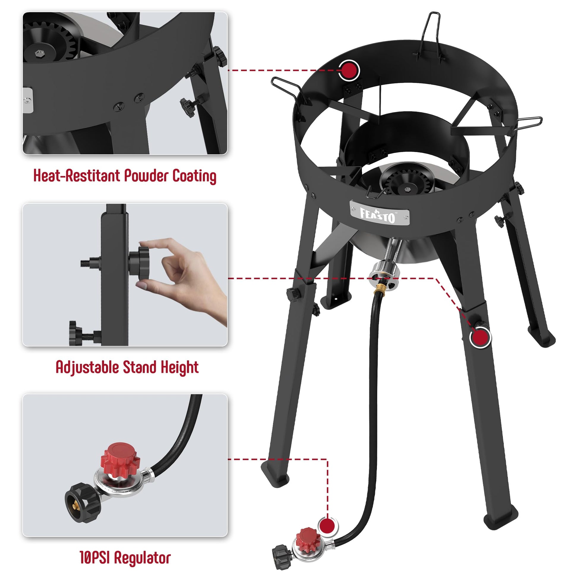 Concave Comal with adjustable stand height and heat-resistant powder coating, 10PSI regulator