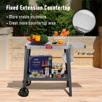Feasto Outdoor Grill Table Cart, Pizza Oven Table with Wheels, Stainless Steel Countertop Cart with Foldable Extension Table, Versatile Food Prep Grill Cart for Outdoor BBQ Cooking Gathering