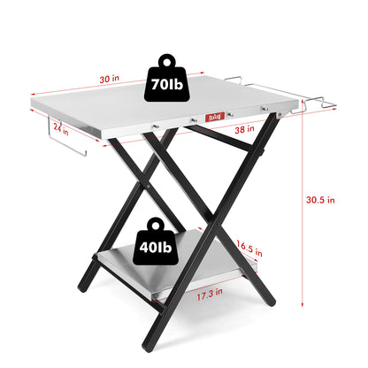 Feasto Large Folding Table Foldable Grill Stand and Pizza Oven Stand Portable Outdoor Food Prep Table Friendly to Storage  Ideal for Camp or RV Stainless Steel Tabletop
