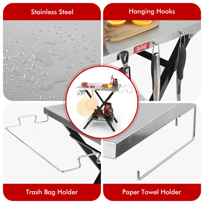 Feasto Large Folding Table Foldable Grill Stand and Pizza Oven Stand Portable Outdoor Food Prep Table Friendly to Storage  Ideal for Camp or RV Stainless Steel Tabletop