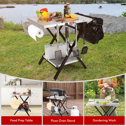 Feasto Large Folding Table Foldable Grill Stand and Pizza Oven Stand Portable Outdoor Food Prep Table Friendly to Storage  Ideal for Camp or RV Stainless Steel Tabletop