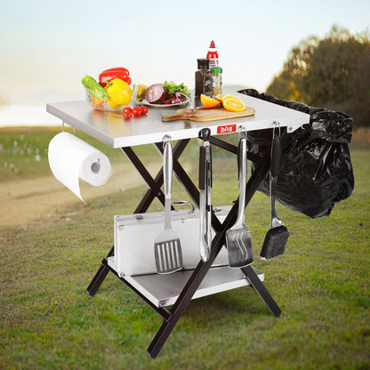 Feasto Large Folding Table Foldable Grill Stand and Pizza Oven Stand Portable Outdoor Food Prep Table Friendly to Storage  Ideal for Camp or RV Stainless Steel Tabletop