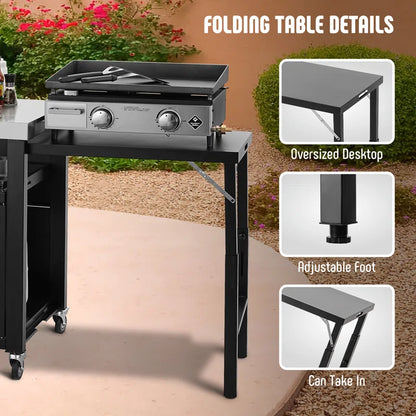 Feasto Stainless Steel Grill Table Cart With Cover, Movable Kitchen Cabinet With 2 Foldable Side Tables