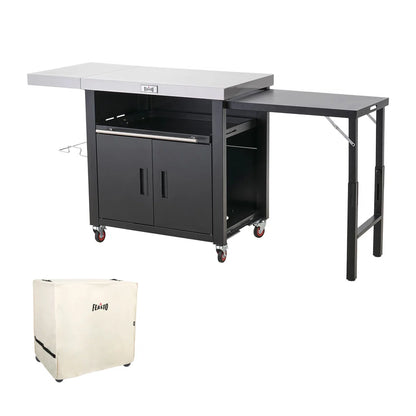 Feasto Stainless Steel Grill Table Cart With Cover, Movable Kitchen Cabinet With 2 Foldable Side Tables