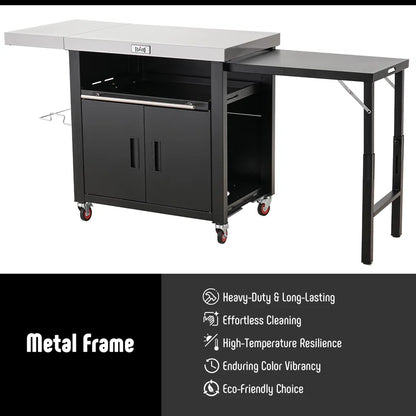 Feasto Stainless Steel Grill Table Cart With Cover, Movable Kitchen Cabinet With 2 Foldable Side Tables