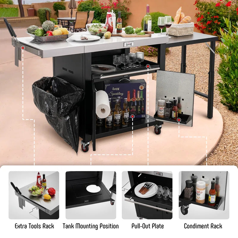 Feasto Stainless Steel Grill Table Cart With Cover, Movable Kitchen Cabinet With 2 Foldable Side Tables