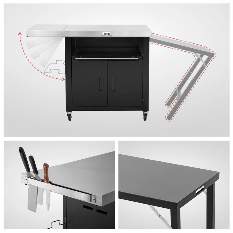 Feasto Stainless Steel Grill Table Cart With Cover, Movable Kitchen Cabinet With 2 Foldable Side Tables