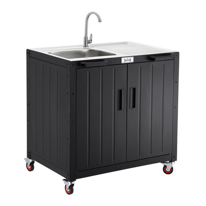 Freestanding Grill Cart with Sink and Cabinet, Movable Outdoor Cart Table with 304 Stainless Steel Sink, Outdoor Grill Cart, Outdoor Grill Station with Wheels, L35.4 x W24