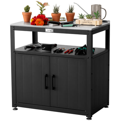 Garden Potting Bench with Storage Cabinet, Outdoor Gardening Table & Work Bench for Plants, Horticulture, Outdoor Workstation with Stainless Steel Tabletop, Outdoor Work Table