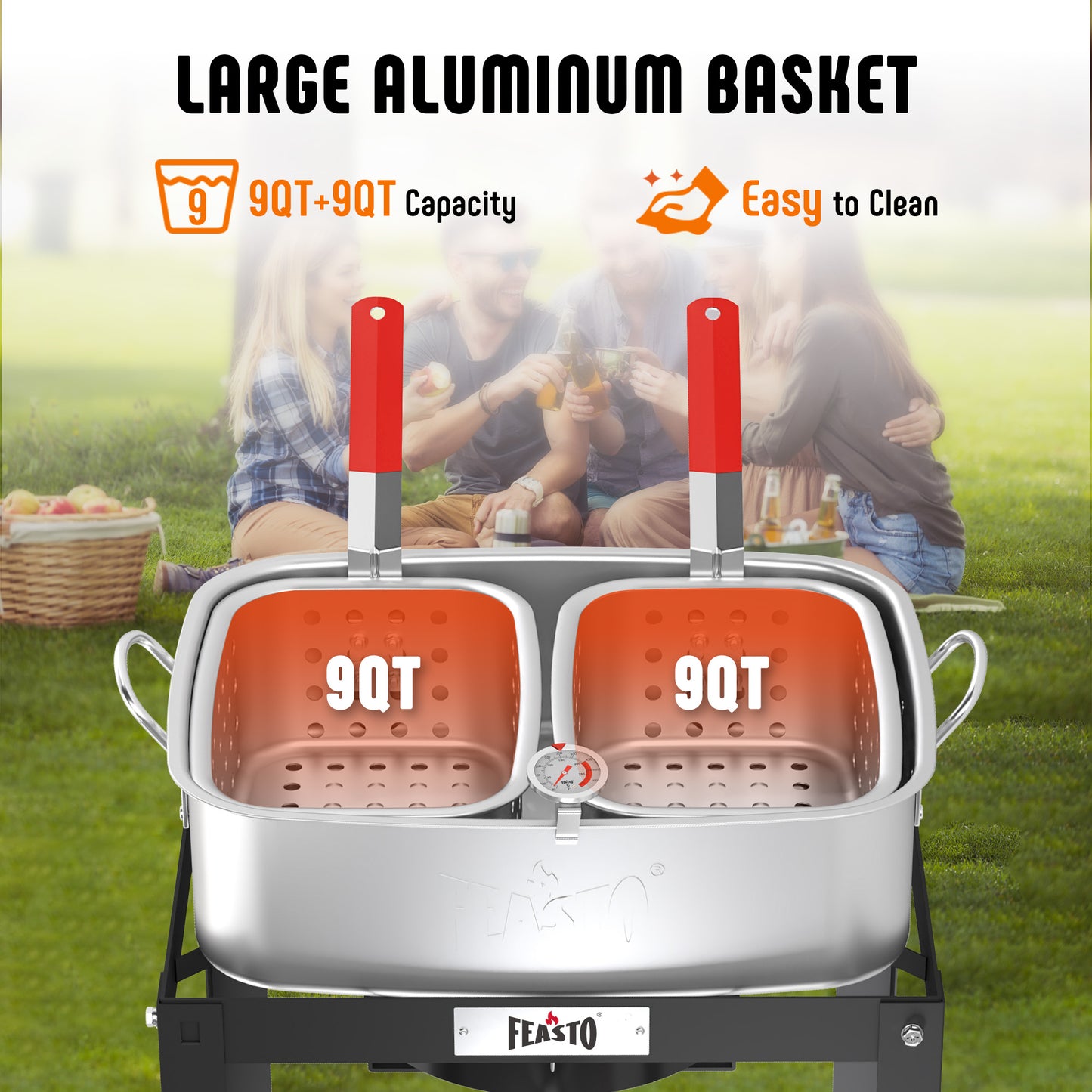 2 Large aluminum basket with 9QT capacity for outdoor activities, total 18 QT