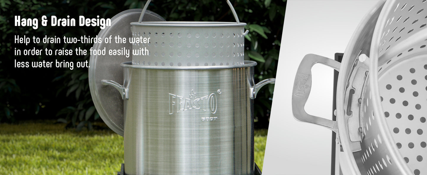 FEASTO 100QT Aluminum Boil Kit with Basket Perfect for Seafood Boiling and Steaming Outdoor Propane Gas Cooker with Adjustable 0-10 PSI Regulator Non-Assembly Frame Stand
