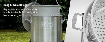 FEASTO 100QT Aluminum Boil Kit with Basket Perfect for Seafood Boiling and Steaming Outdoor Propane Gas Cooker with Adjustable 0-10 PSI Regulator Non-Assembly Frame Stand