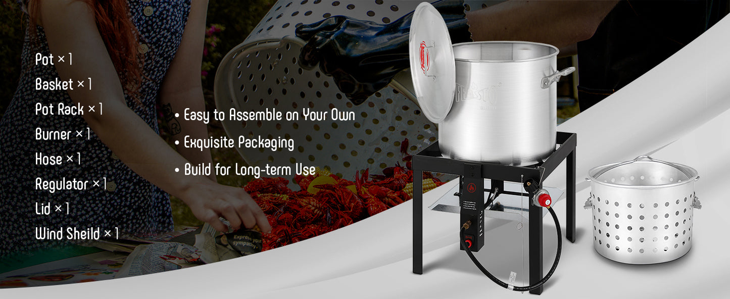 FEASTO 100QT Aluminum Boil Kit with Basket Perfect for Seafood Boiling and Steaming Outdoor Propane Gas Cooker with Adjustable 0-10 PSI Regulator Non-Assembly Frame Stand