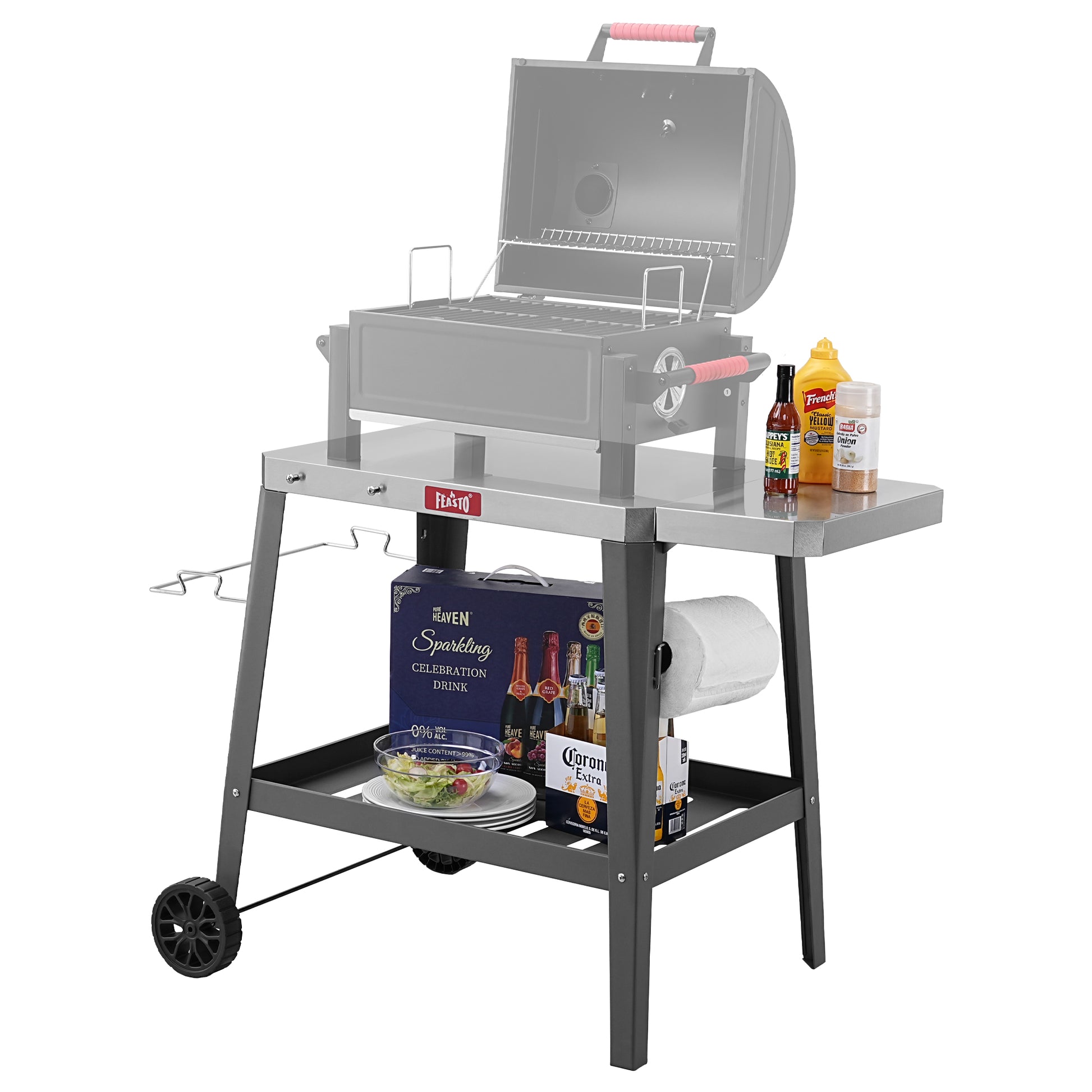 Outdoor Grill Cart, Pizza Oven Table with Wheels, Stainless Steel Countertop with Foldable Extension Table, Versatile Food Prep Grill Cart for Outdoor BBQ Cooking Gathering