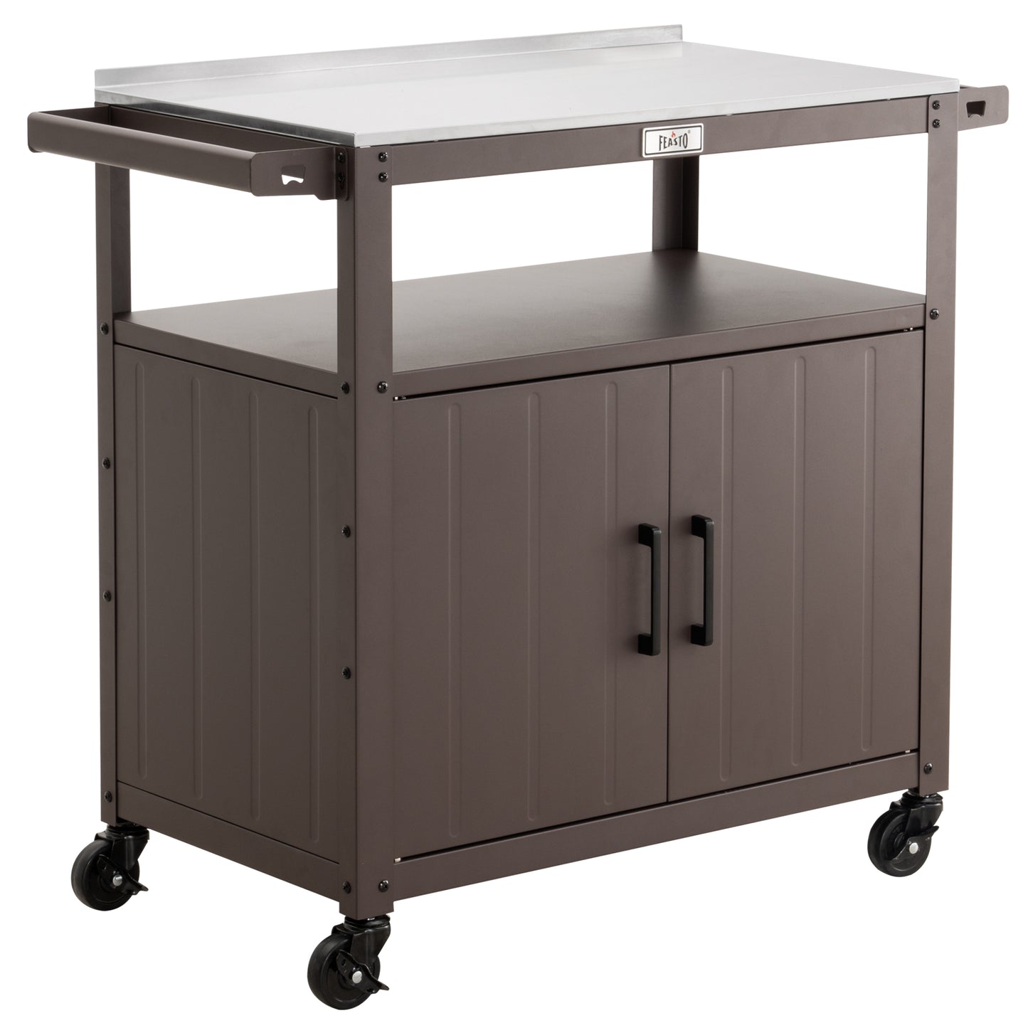 Outdoor Grill Cart with Stainless Steel Tabletop and Storage Cabinet, Movable Kitchen Island with Wheels for BBQ Food Prep