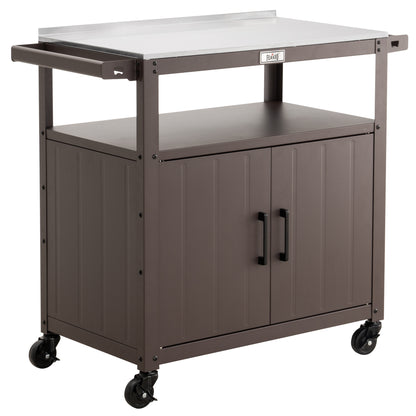 Outdoor Grill Cart with Stainless Steel Tabletop and Storage Cabinet, Movable Kitchen Island with Wheels for BBQ Food Prep