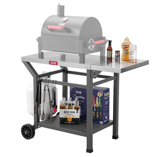 Outdoor Grill Table, 40" x20" Movable Pizza Oven Table with Wheels, Stainless Steel Countertop Grill Cart with Storage Shelf & Foldable Extension, 6 Extra Hooks, for BBQ Food Prep
