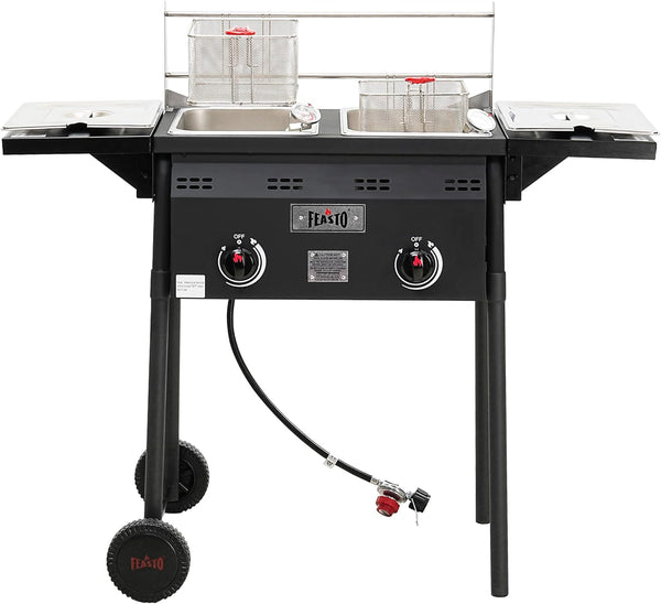 Outdoor Propane Deep Fryer,Dual Tank with Dual Independent Cast Iron Burners and Thermometers,Removable Fryer Pot,Baskets & Lids, Movable Propane Fryer Cart with Regulathor,50000 BTU