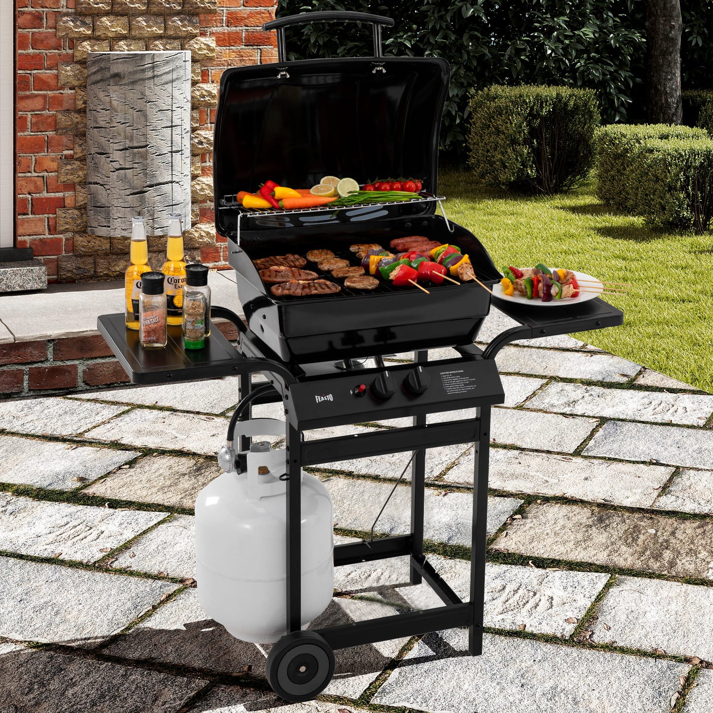 Portable gas grill with food on a patio
