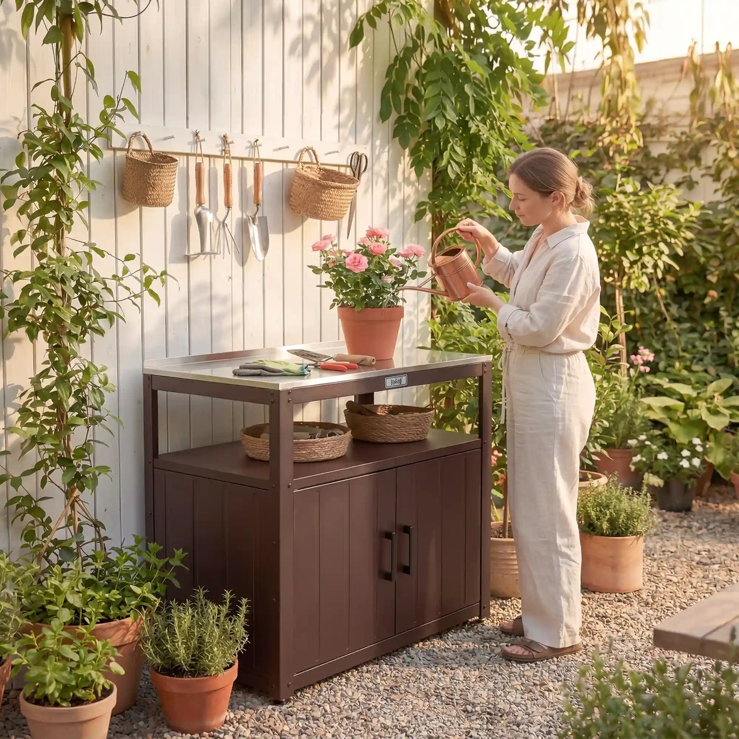 Outdoor Grill Cart with Stainless Steel Top and Storage Cabinet