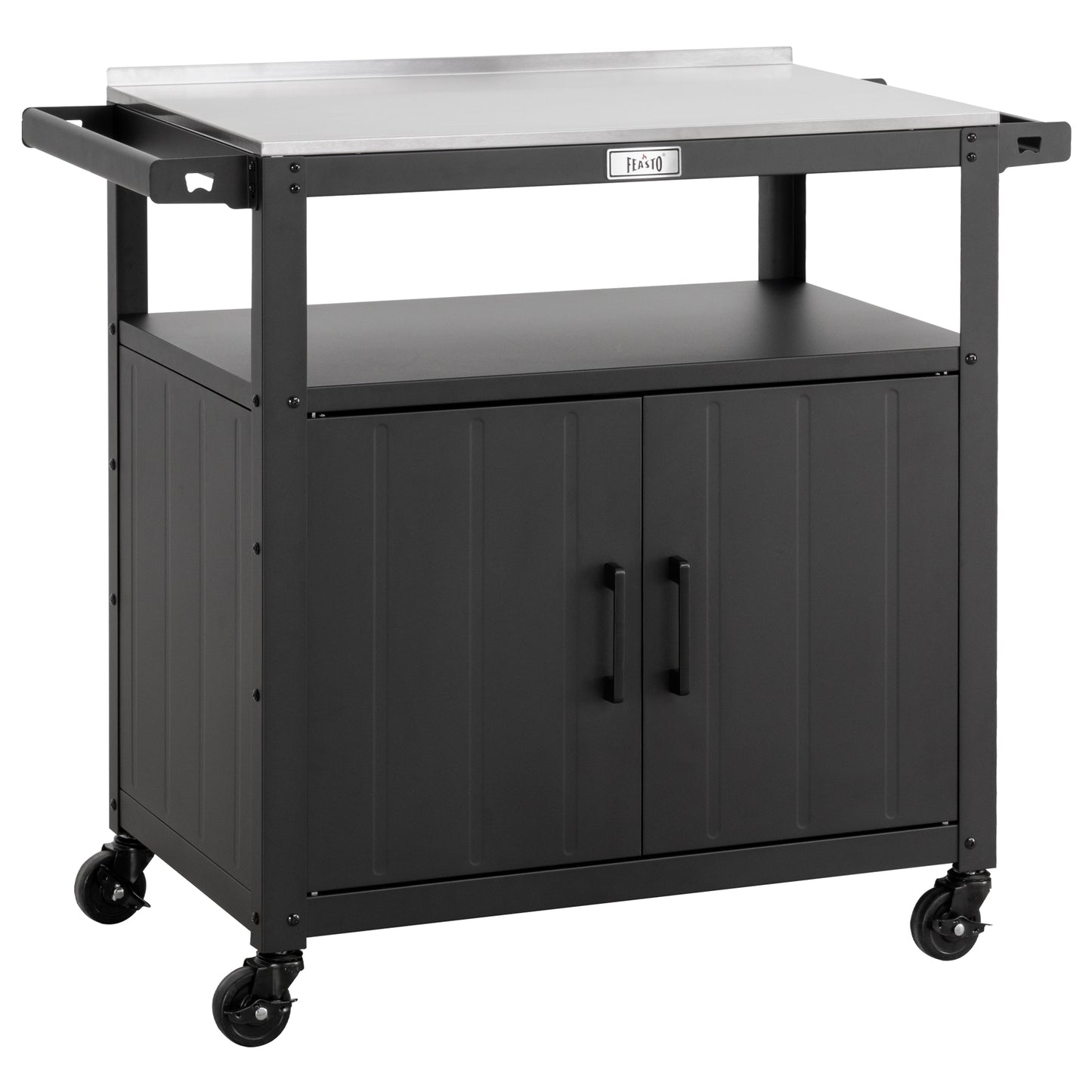 Outdoor Grill Cart with Stainless Steel Tabletop and Storage Cabinet, Movable Kitchen Island with Wheels for BBQ Food Prep