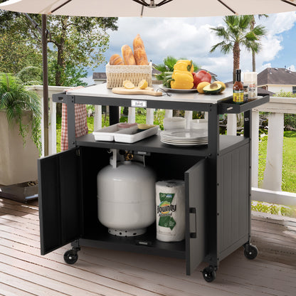 Outdoor Grill Cart with Stainless Steel Tabletop and Storage Cabinet, Movable Kitchen Island with Wheels for BBQ Food Prep